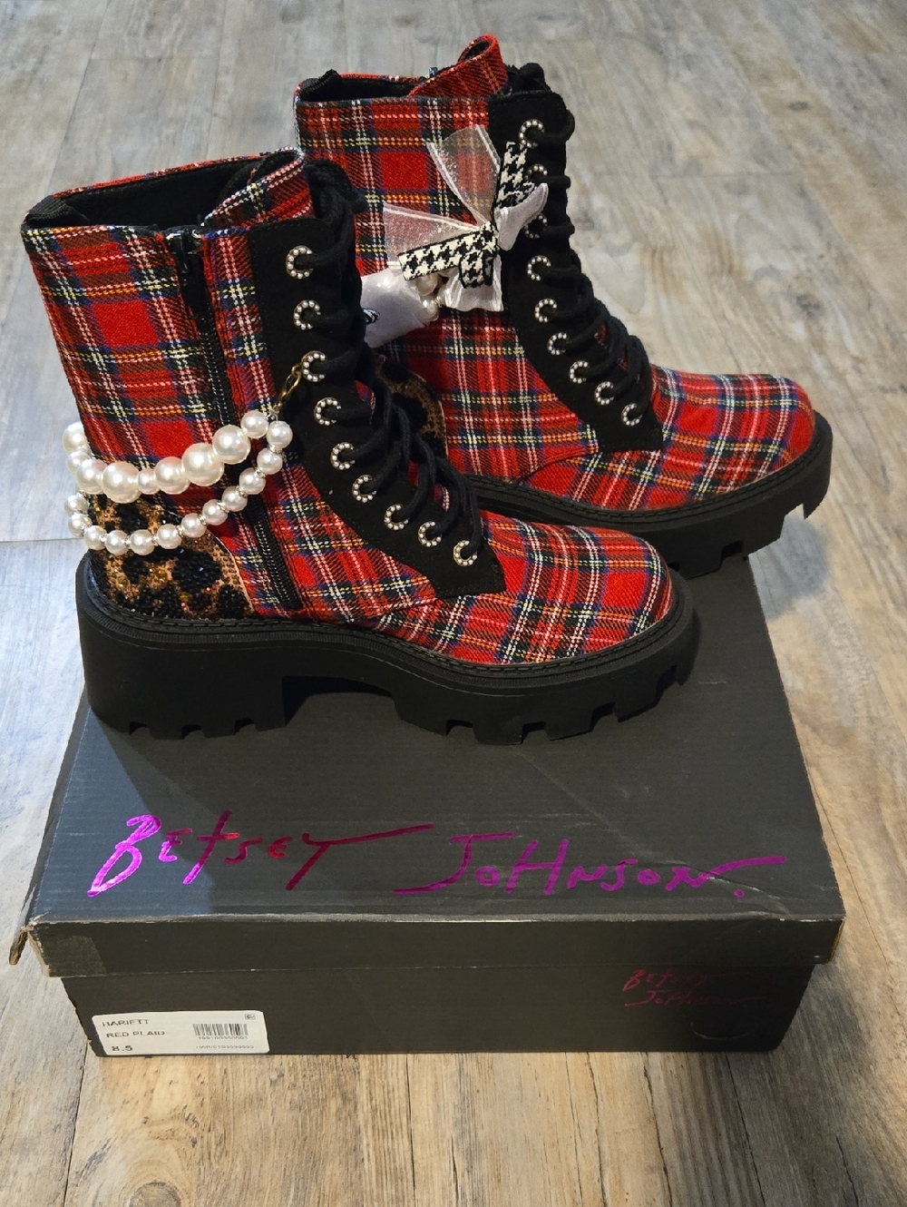 Betsey Johnson Red Plaid Lace-Up Combat Boots with Pearl Accent